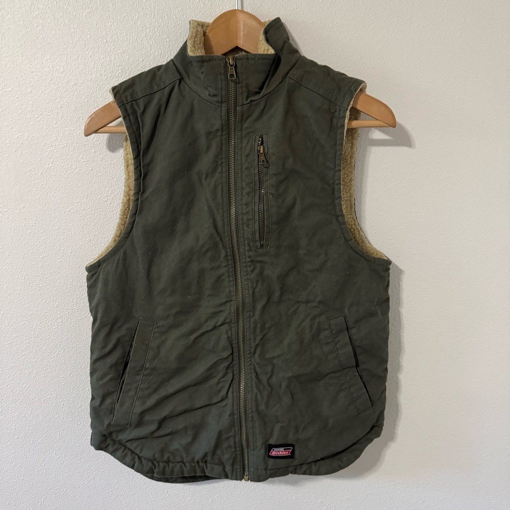 Dickies Sherpa Lined Cotton Canvas Vest Army Green Zipper Streetwear Unisex-S